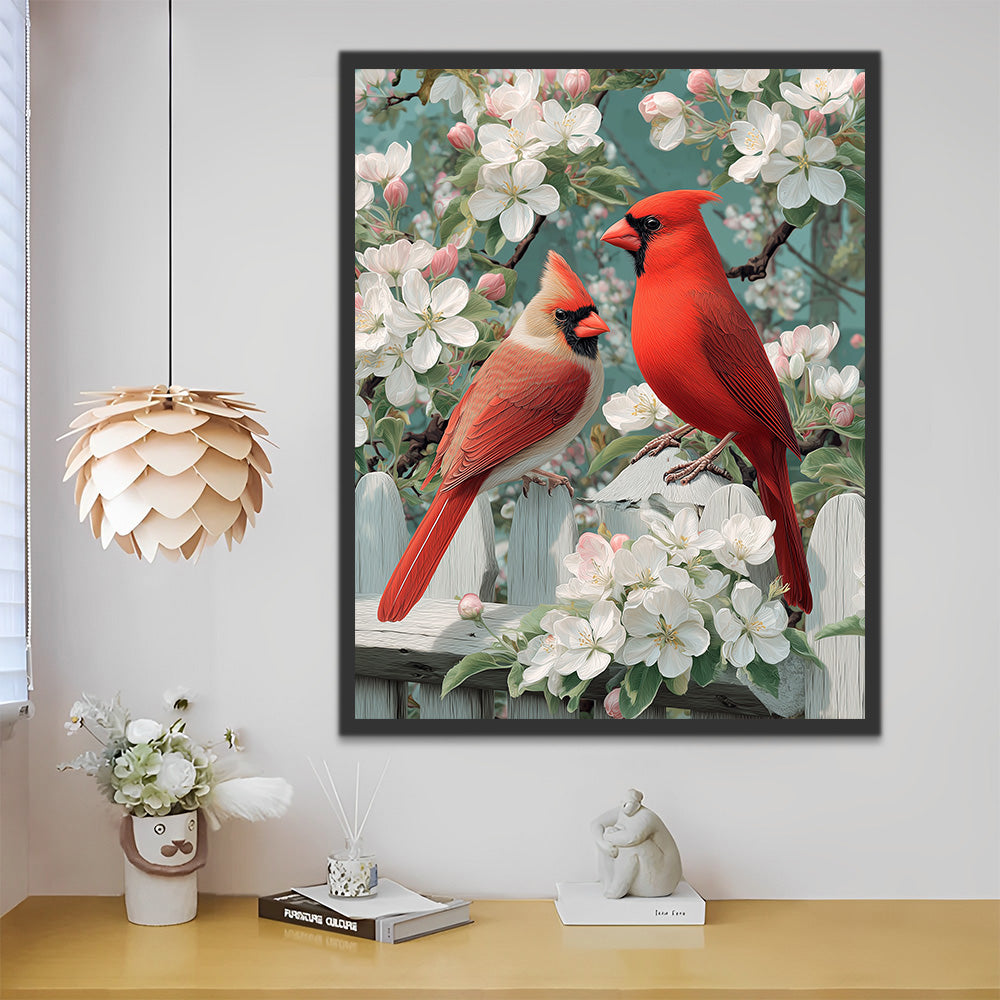 Cardinal Birds on White Peach Blossom Tree Paint by Numbers