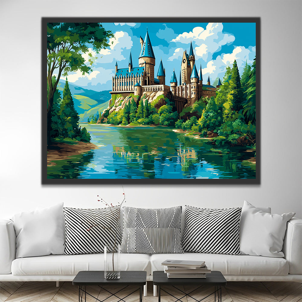 Castle by the River with Lush Greenery in Summer Paint by Numbers