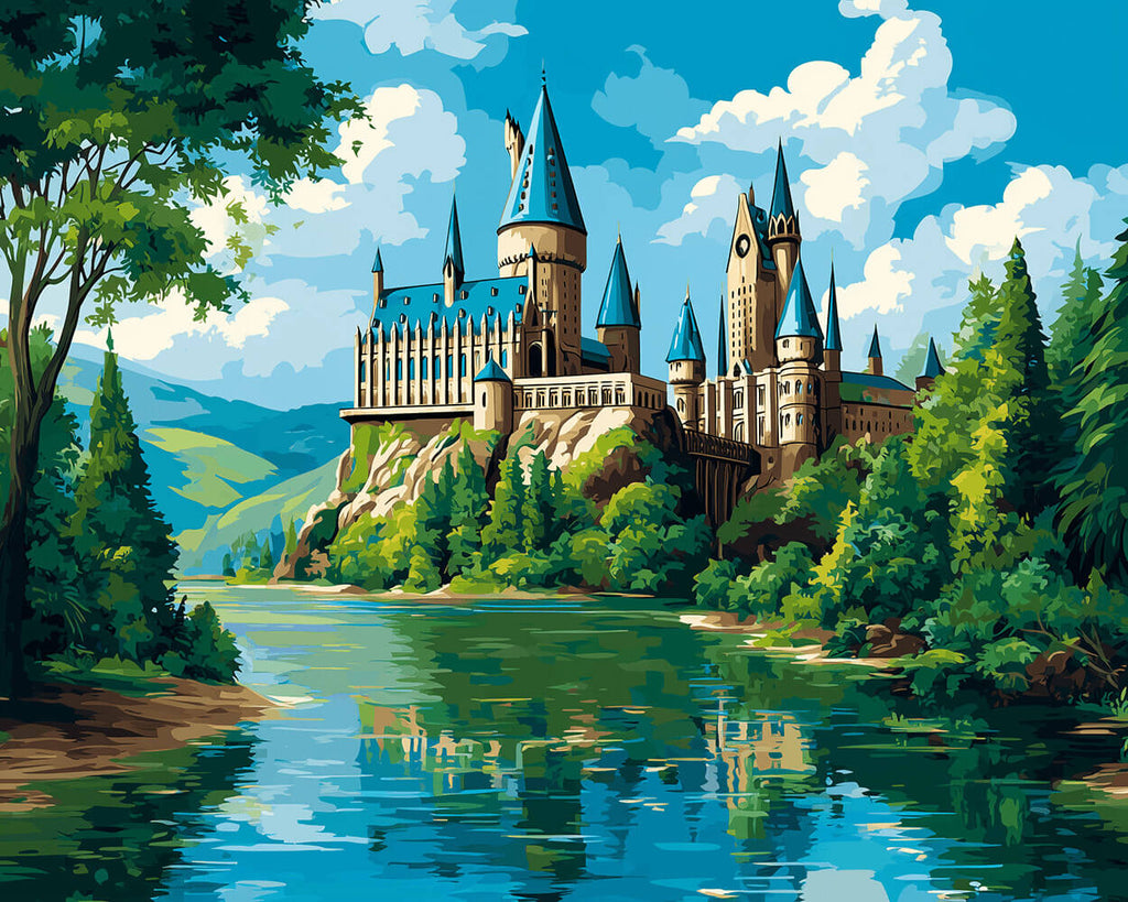 Castle by the River with Lush Greenery in Summer Paint by Numbers