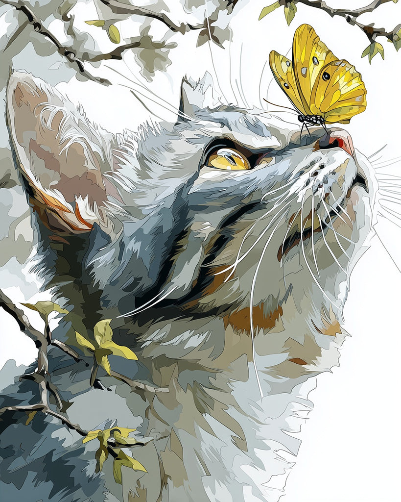 Cat and Yellow Butterfly Paint by Numbers
