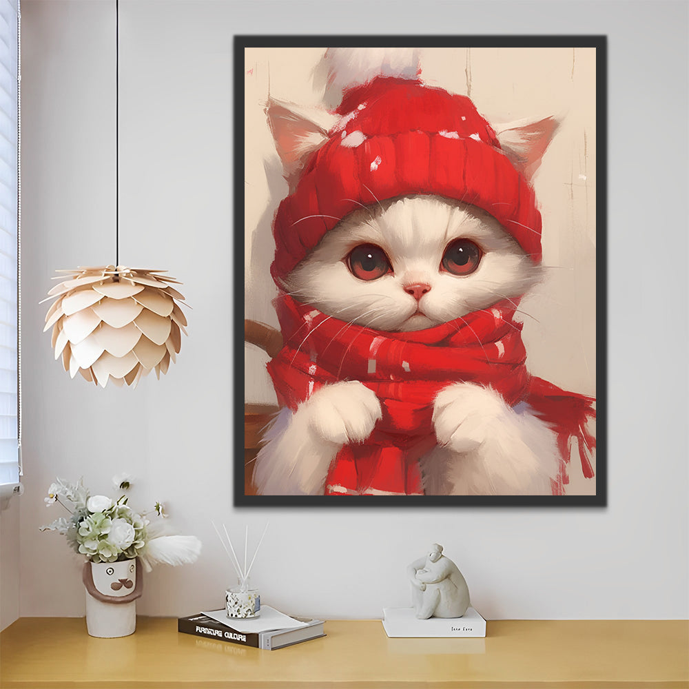 Christmas Cat Wearing Red Scarf and Knitted Hat Paint by Numbers