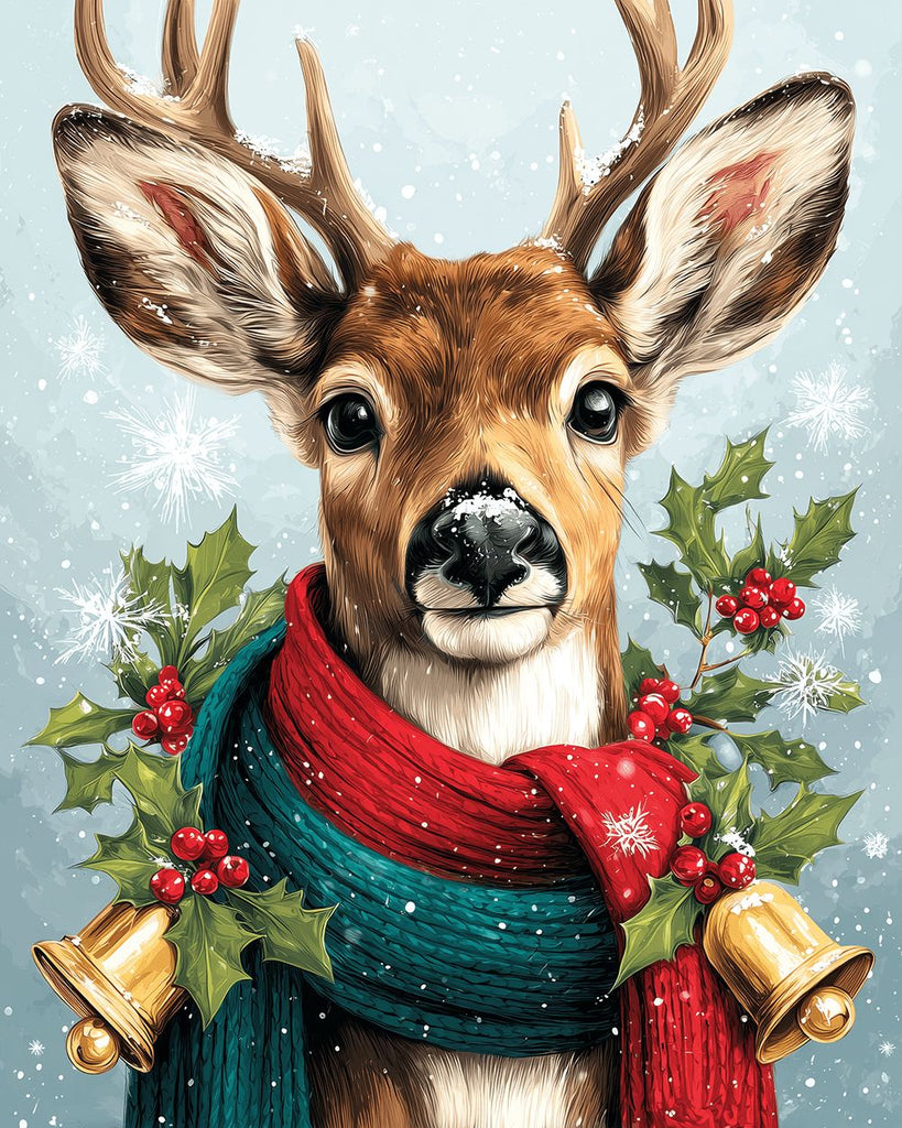 Christmas Deer Wearing Red and Green Scarves Paint by Numbers