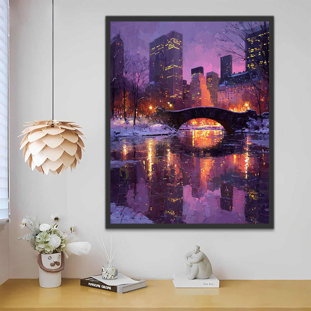 City in the Snow under the Purple Night Sky Paint by Numbers