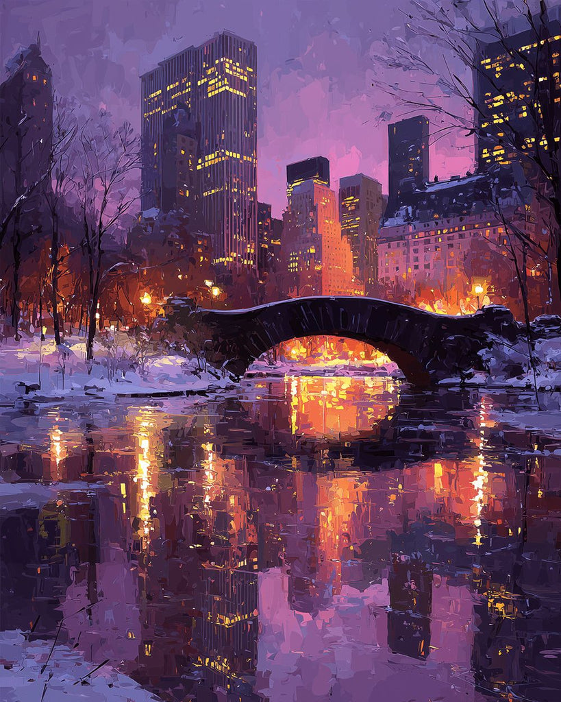 City in the Snow under the Purple Night Sky Paint by Numbers