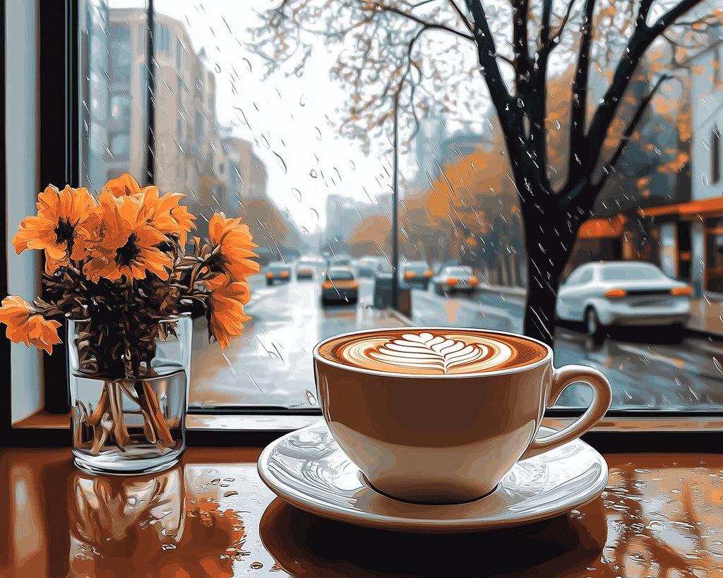 Coffee and Orange Flowers on a Rainy Day Paint by Numbers