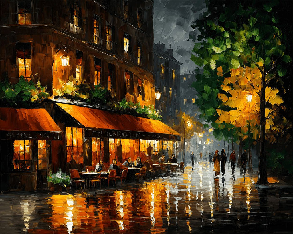 Coffee Shop in the Rain at Night Paint by Numbers