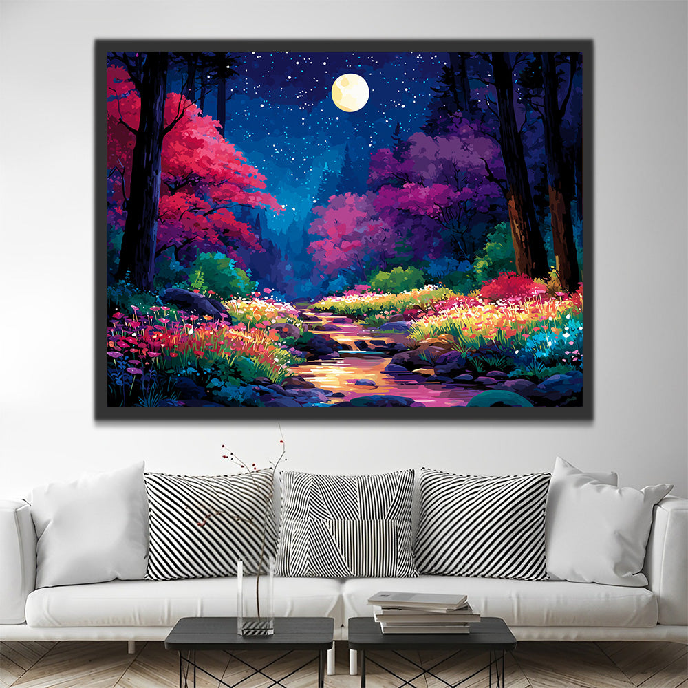 Colorful Forest Flowers and Stream at Night Paint by Numbers