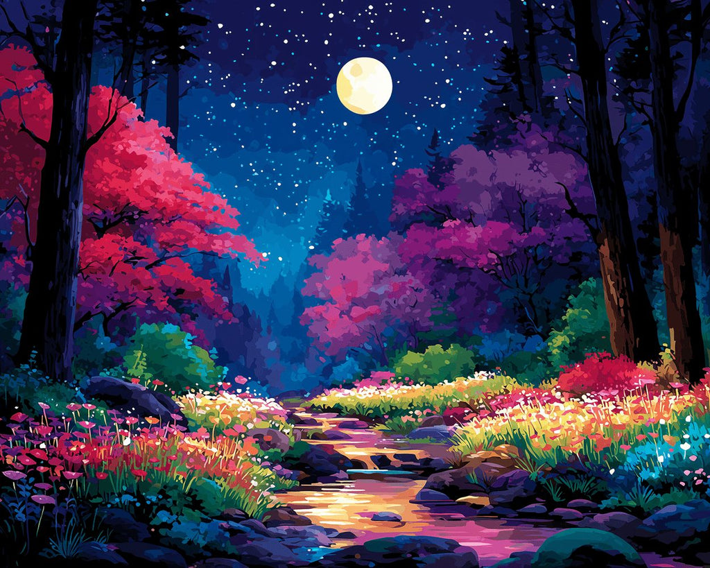 Colorful Forest Flowers and Stream at Night Paint by Numbers