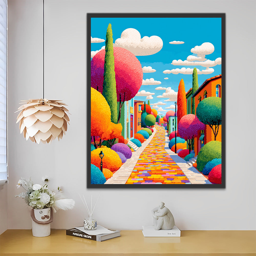 Colorful Geometric Trees beside A Brick Road Paint by Numbers