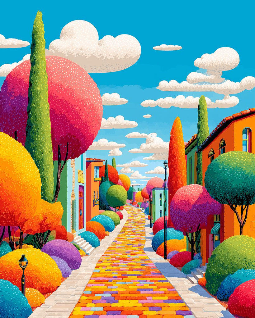 Colorful Geometric Trees beside A Brick Road Paint by Numbers