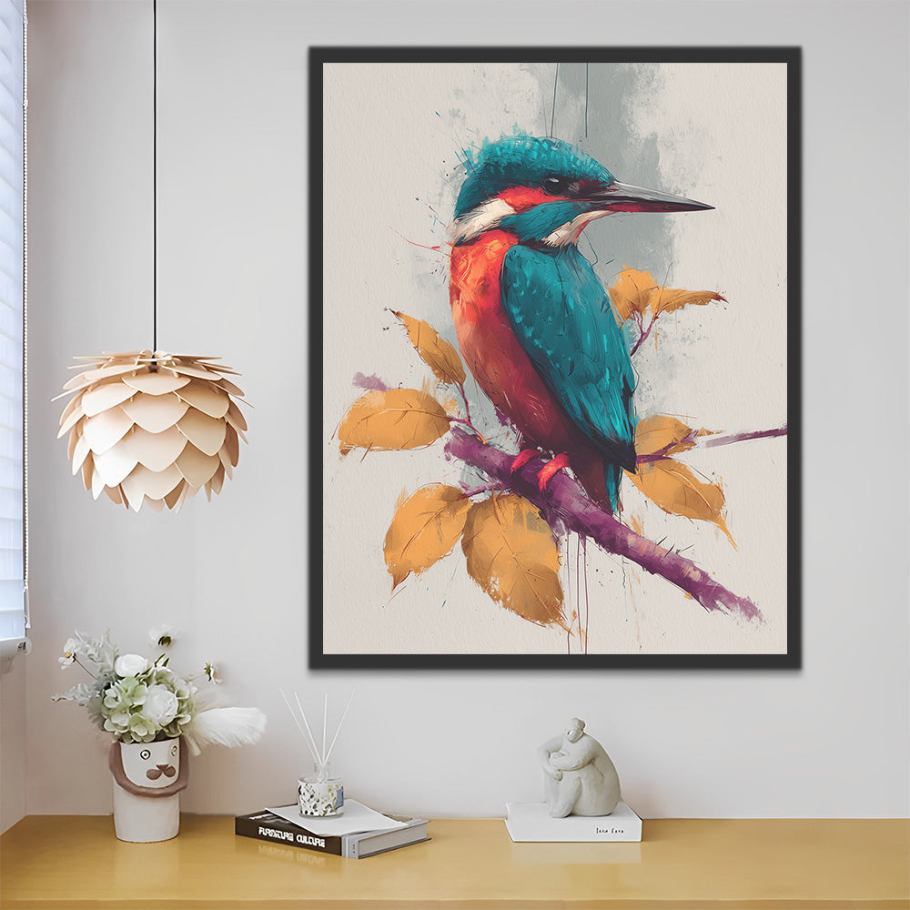 Colorful Kingfisher Bird on a Branch with Autumn Leaves Paint by Numbers