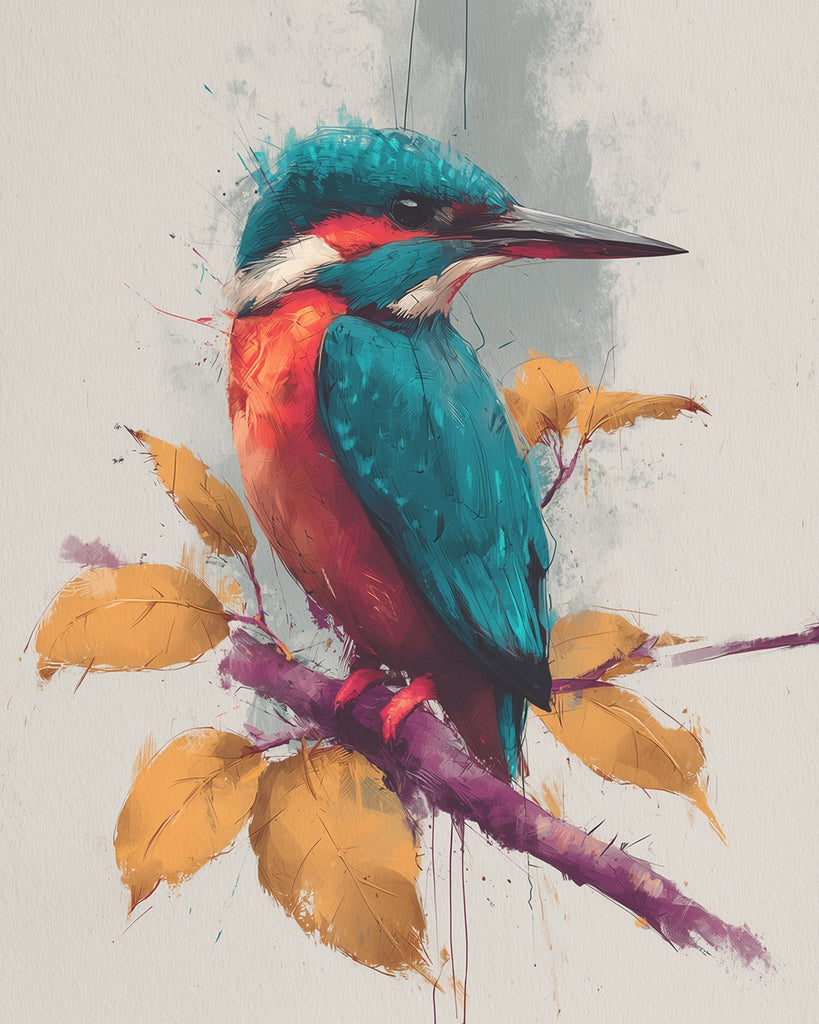 Colorful Kingfisher Bird on a Branch with Autumn Leaves Paint by Numbers