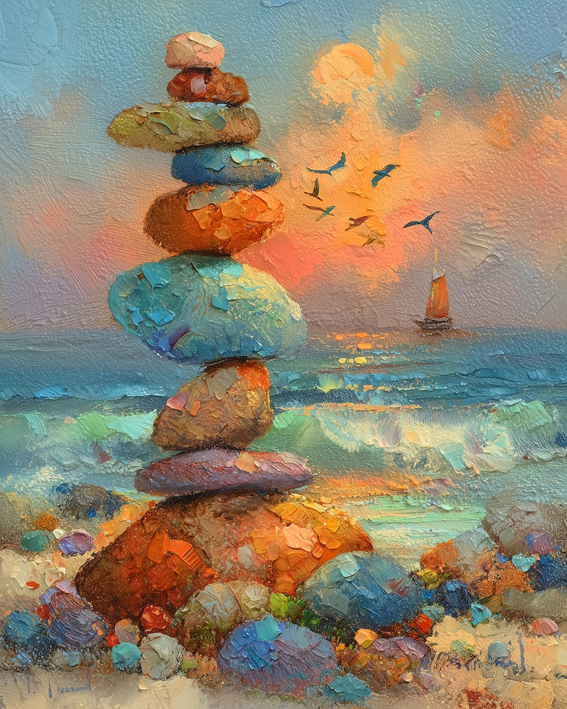 Colorful Piles of Stones by the Sea Paint by Numbers