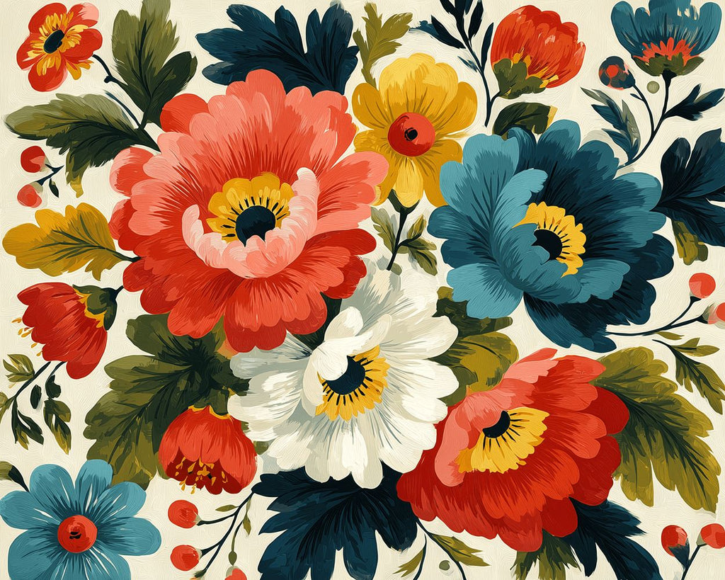 Colorful Poppies with Green Leaves Paint by Numbers