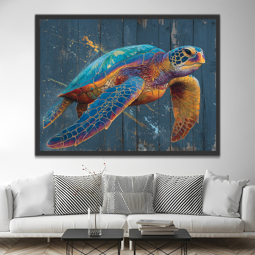 Colorful Turtle and Blue Wooden Board Paint by Numbers