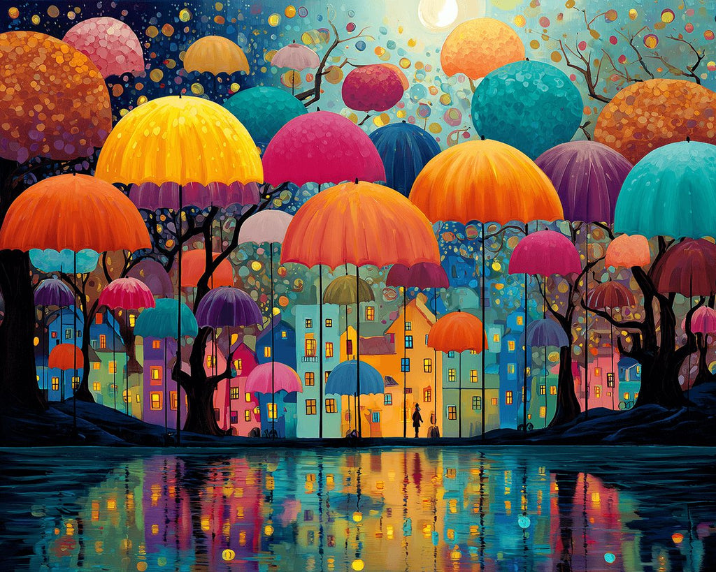 Colorful Umbrellas over the House Paint by Numbers