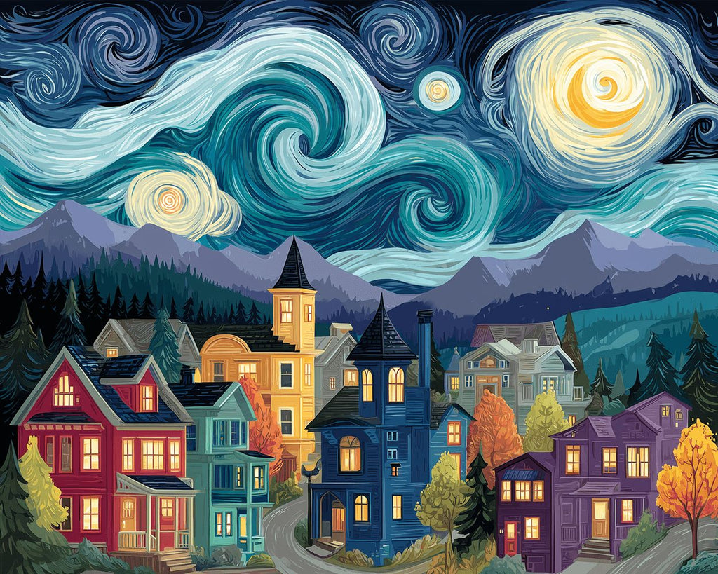 Colorful Villas under the Starry Night Paint by Numbers