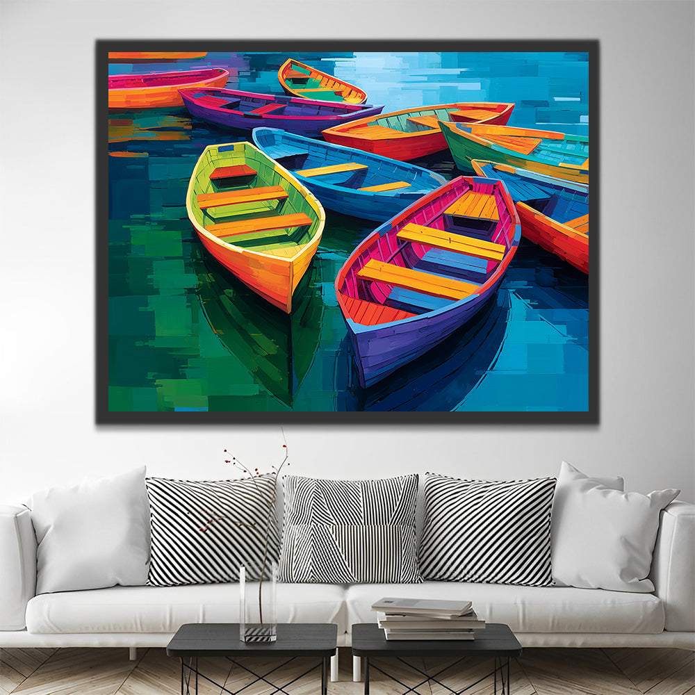 Colorful Wooden Boats on Lake Paint by Numbers