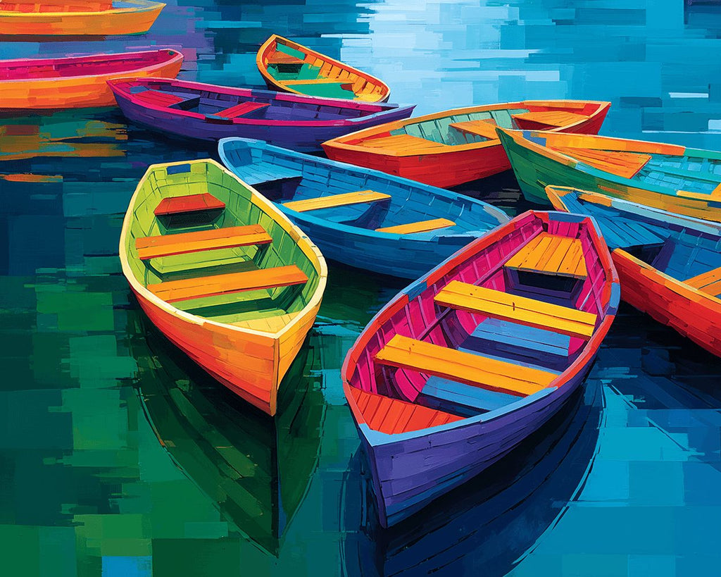Colorful Wooden Boats on Lake Paint by Numbers