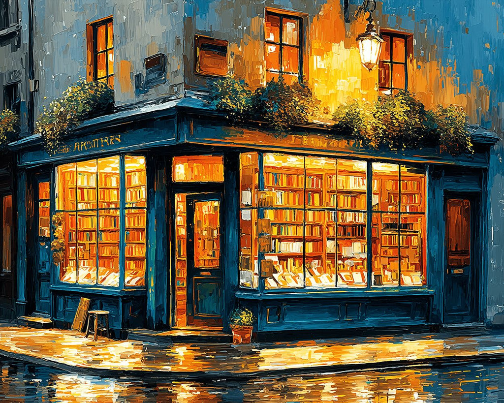 Corner Bookstore in the Rain at Night Paint by Numbers