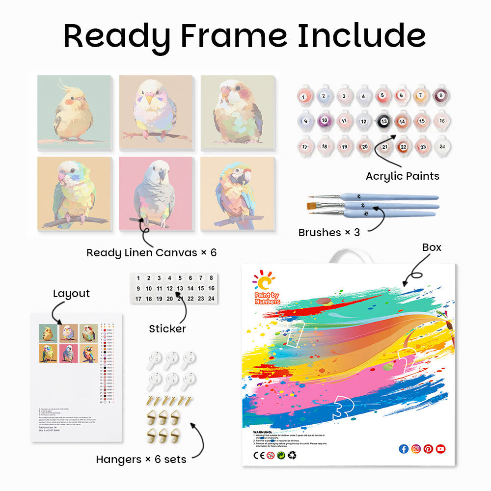 Cute Colorful Birds 6 Pieces Mini Paint by Numbers