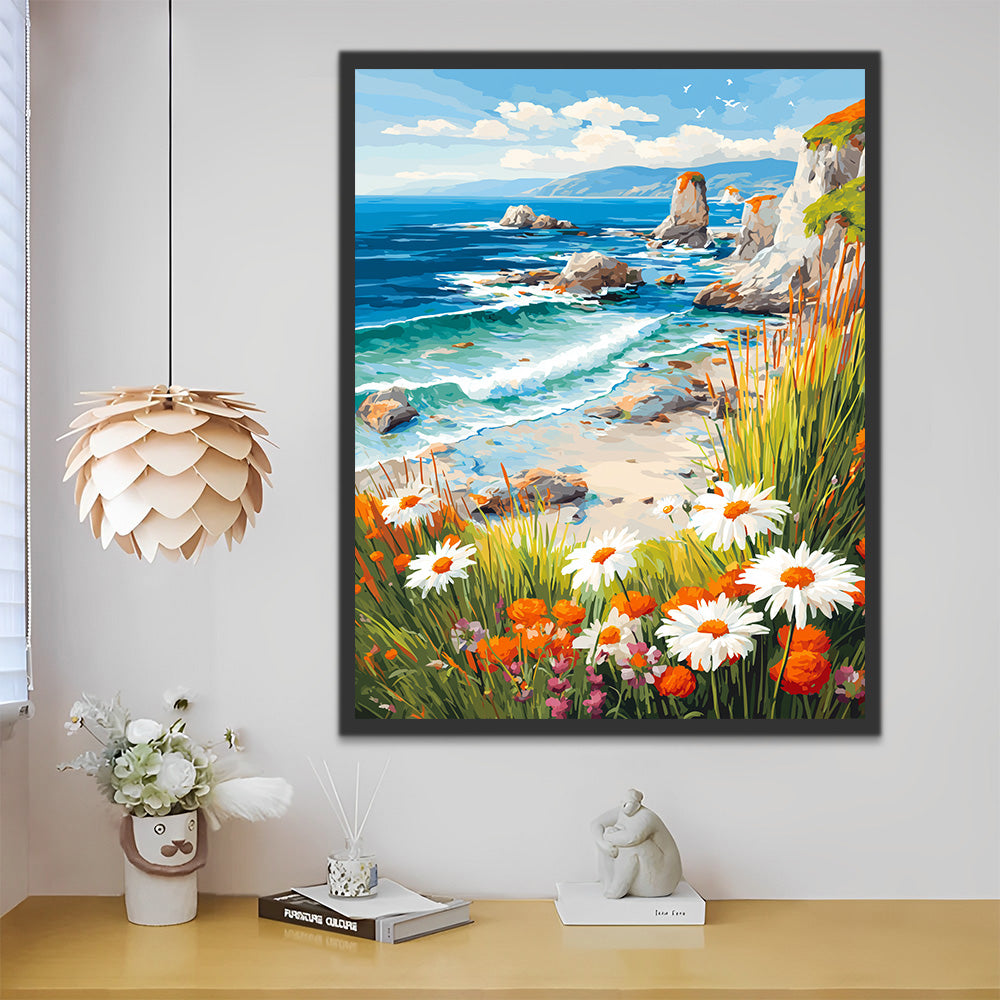 Daisies on the Rocks by the Sea Paint by Numbers