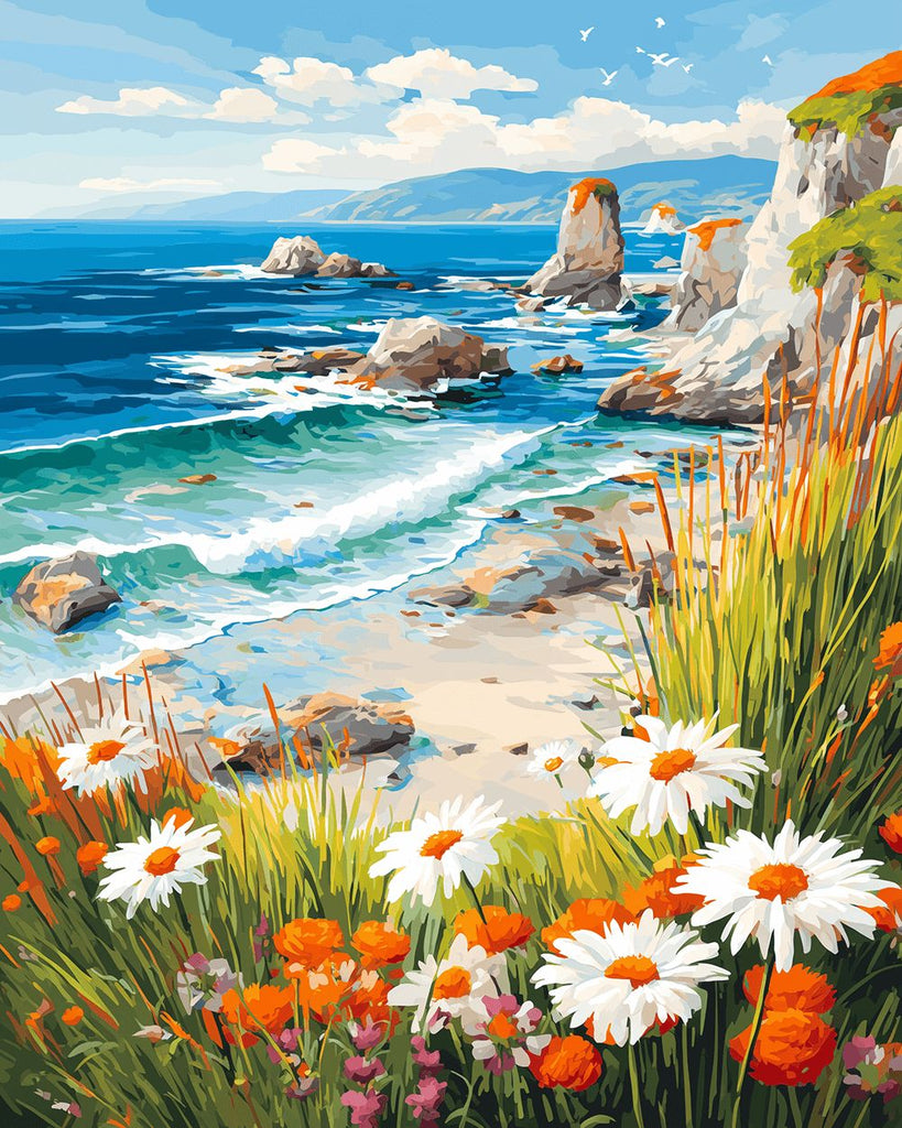 Daisies on the Rocks by the Sea Paint by Numbers