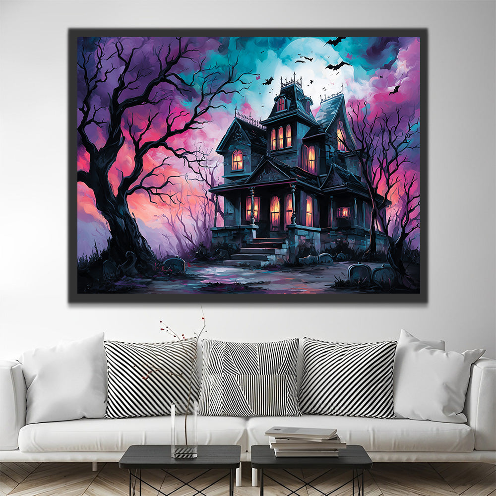 Dark Castle surrounded by Dead Trees and Bats Paint by Numbers
