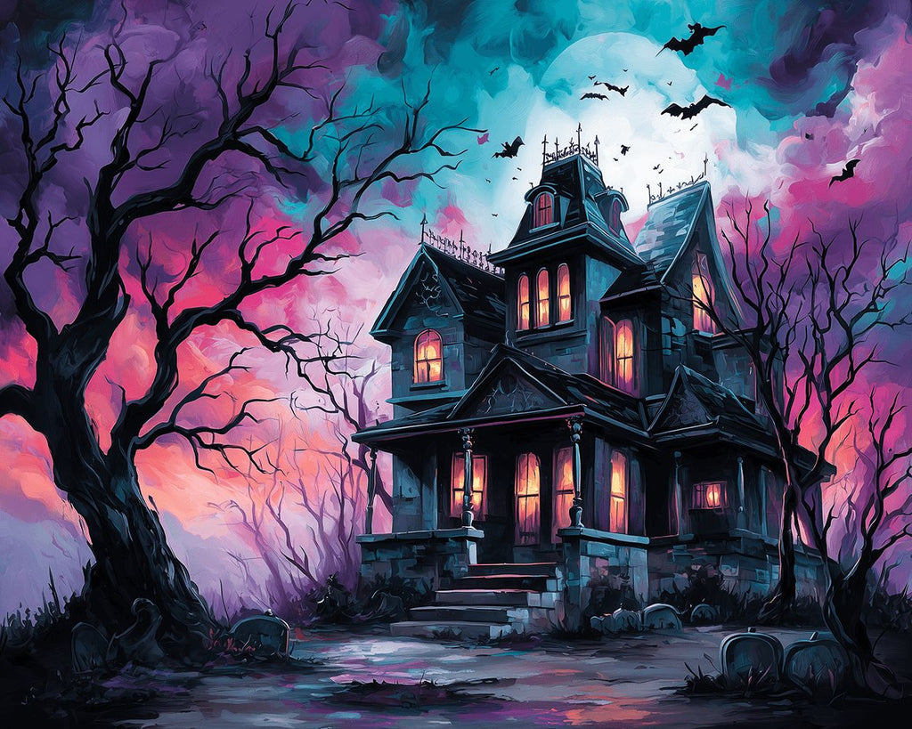 Dark Castle surrounded by Dead Trees and Bats Paint by Numbers