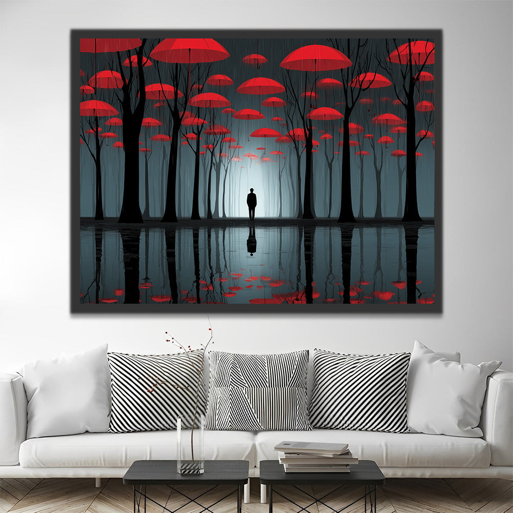 Dark Forest and Floating Red Umbrellas Reflected in the Water Paint by Numbers