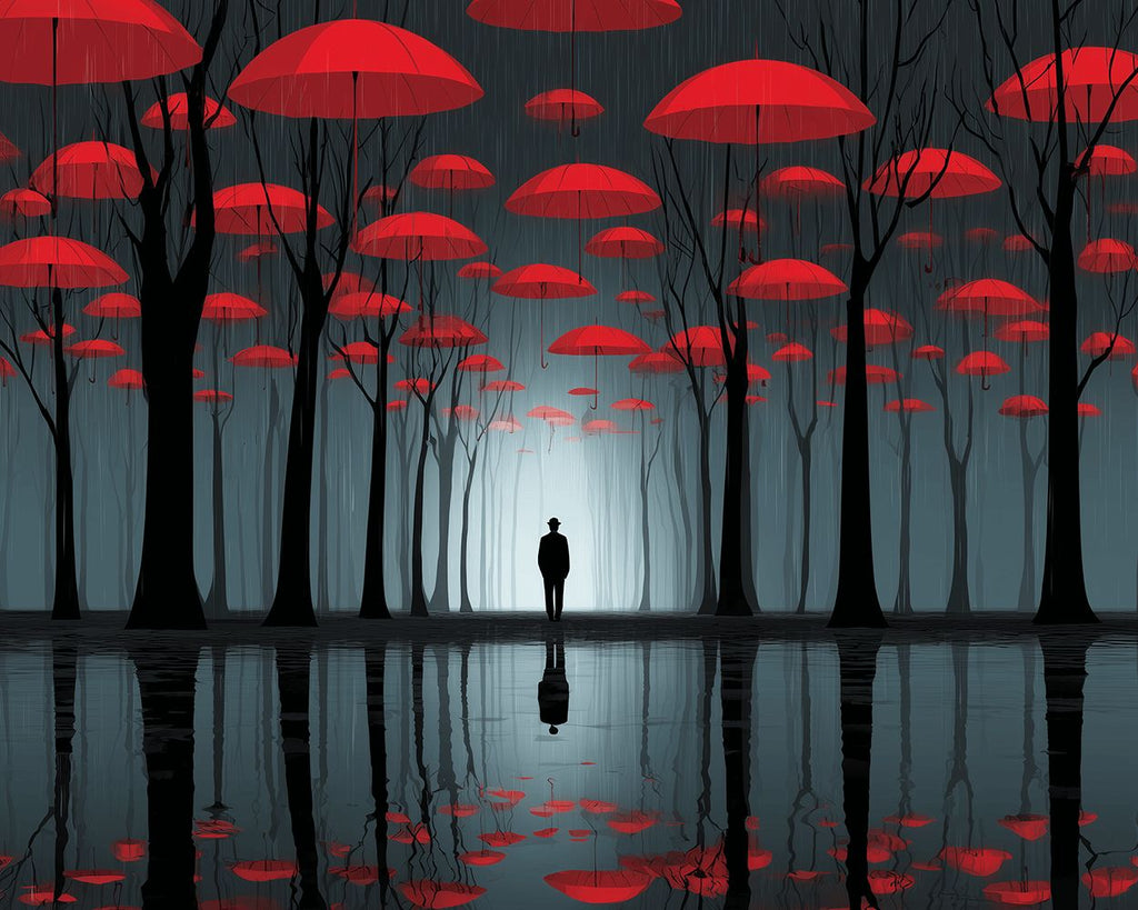 Dark Forest and Floating Red Umbrellas Reflected in the Water Paint by Numbers