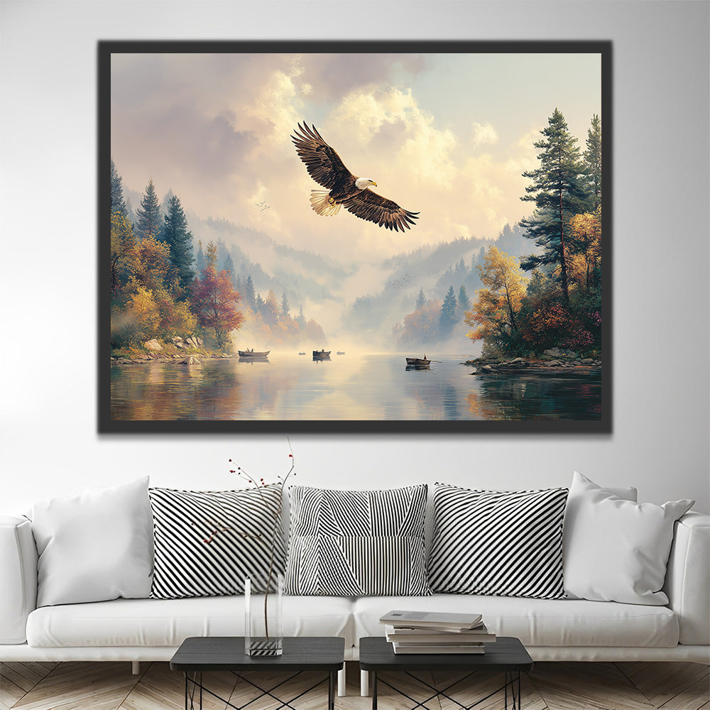 Eagle Flying over the Lake in Autumn Paint by Numbers