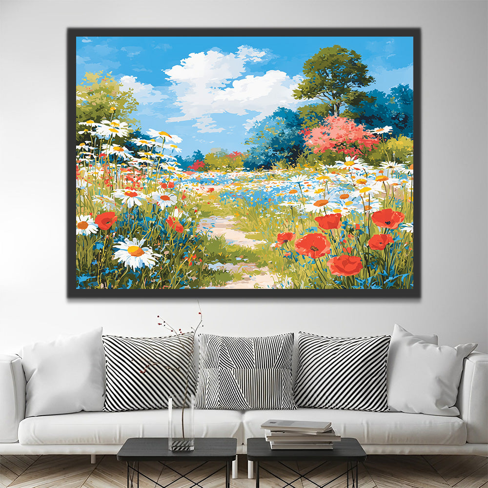 Field of White Daisies and Red Poppies Paint by Numbers