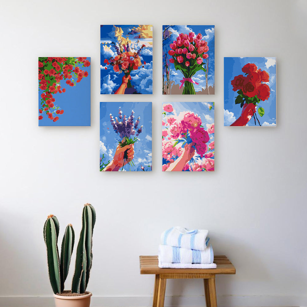 Flower Bouquets under Blue Sky 6 Pieces Mini Paint by Numbers