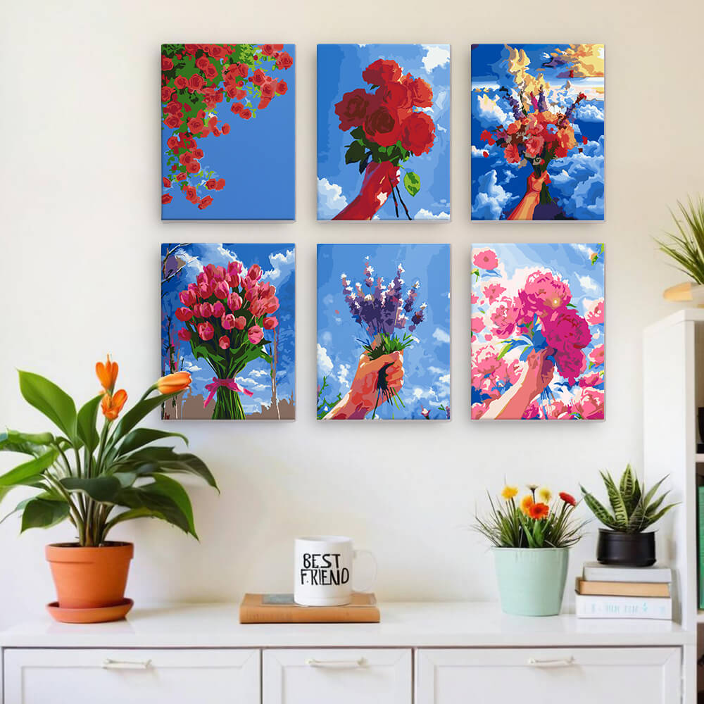 Flower Bouquets under Blue Sky 6 Pieces Mini Paint by Numbers
