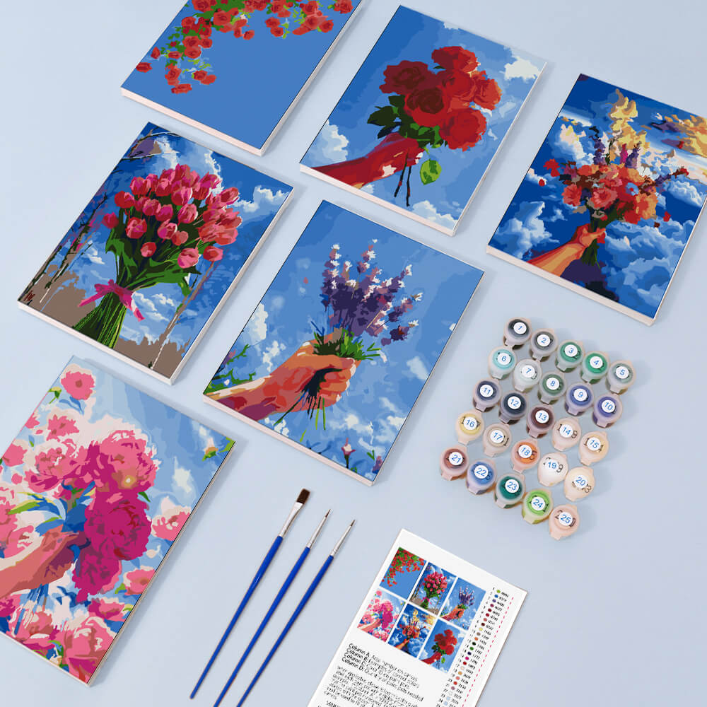 Flower Bouquets under Blue Sky 6 Pieces Mini Paint by Numbers