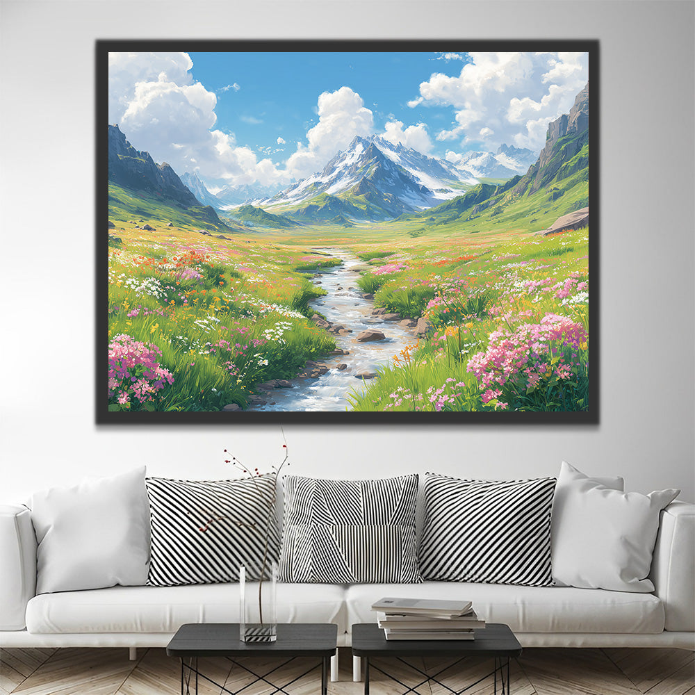 Flower-Filled Meadows and Stream at the foot of the Mountain Paint by Numbers