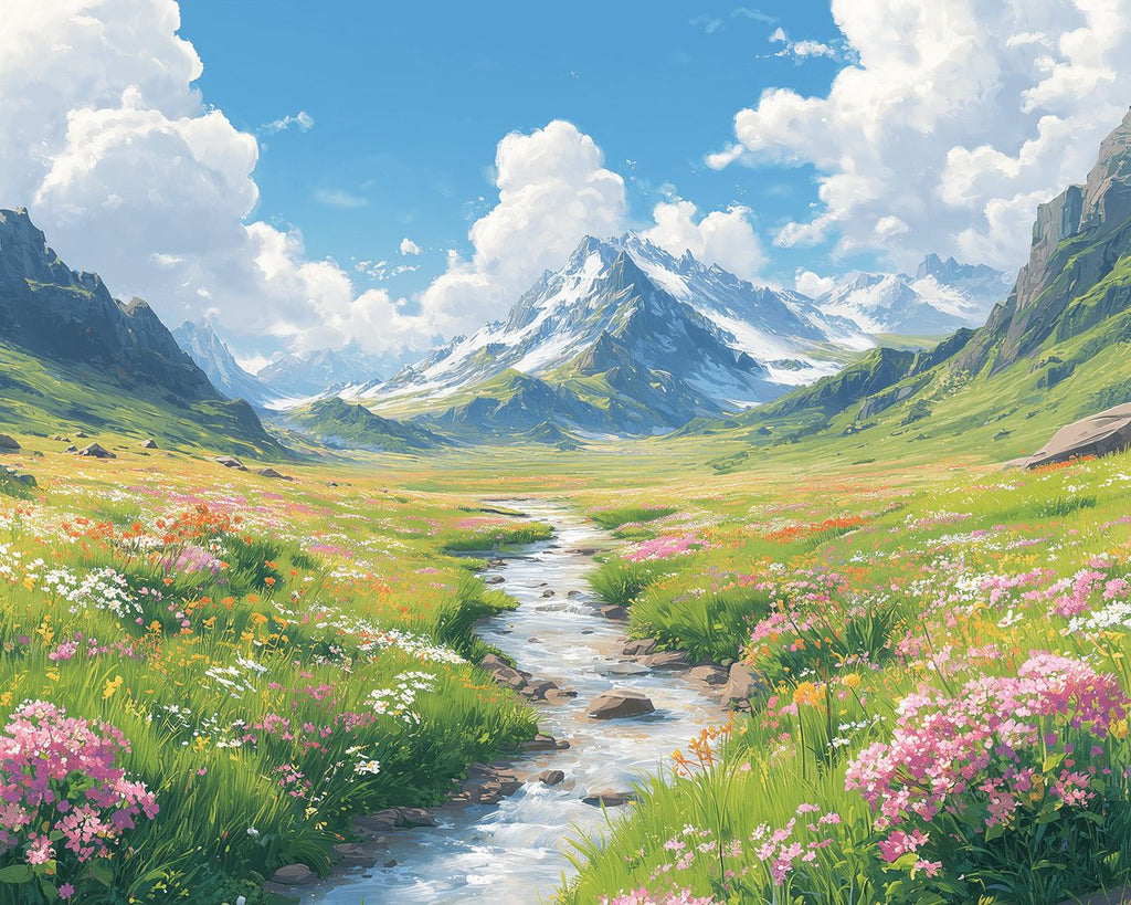 Flower-Filled Meadows and Stream at the foot of the Mountain Paint by Numbers