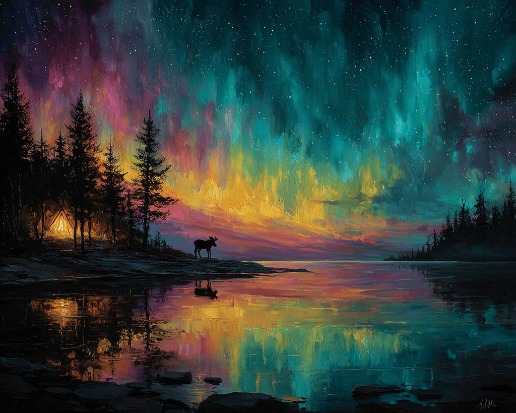 Forest Lake under Colorful Aurora Paint by Numbers