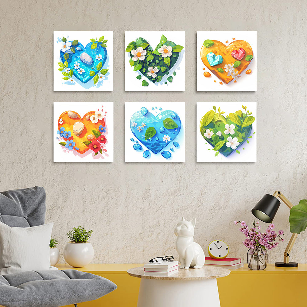 Fresh Flowers in Heart Shape Water 6 Pieces Mini Paint by Numbers