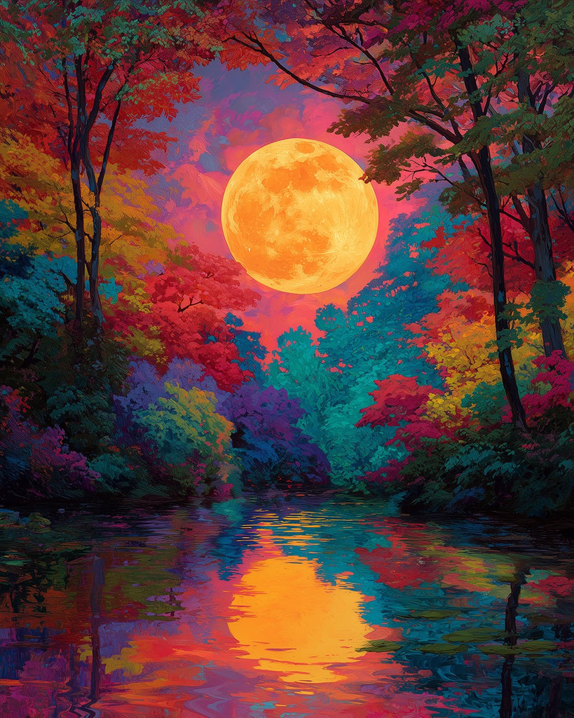 Full Moon and Colorful Forest Paint by Numbers