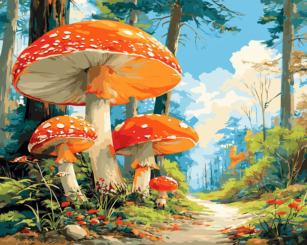 Giant Mushrooms beside a Forest Path Paint by Numbers