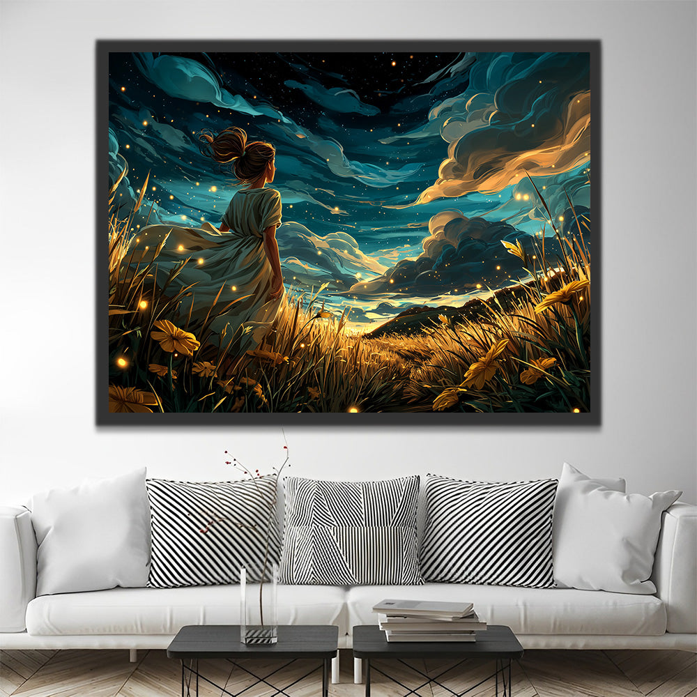 Golden Fields and Girl under Dark Clouds Paint by Numbers