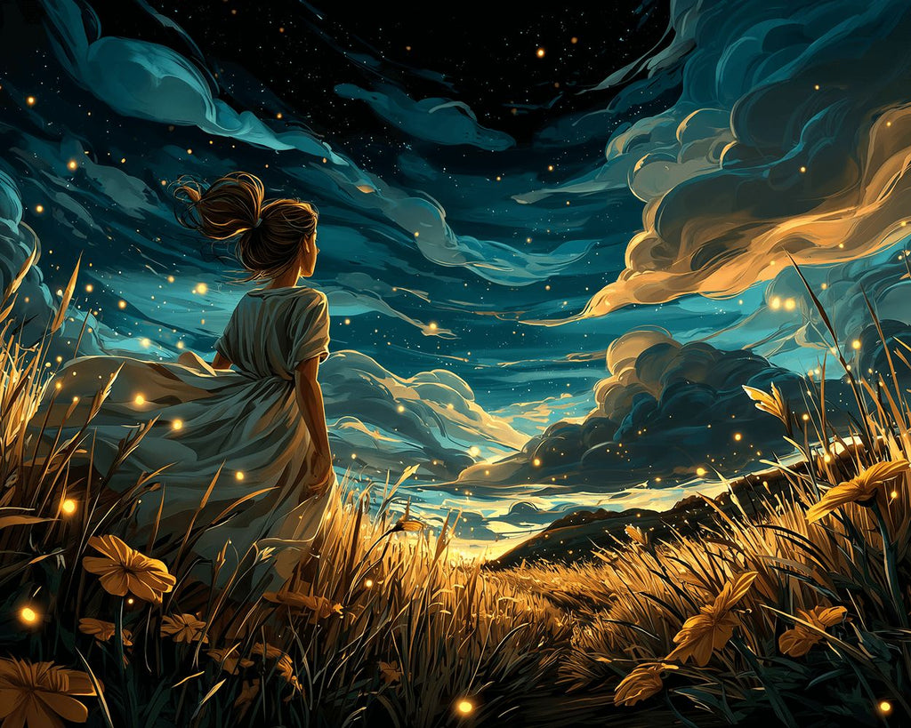 Golden Fields and Girl under Dark Clouds Paint by Numbers