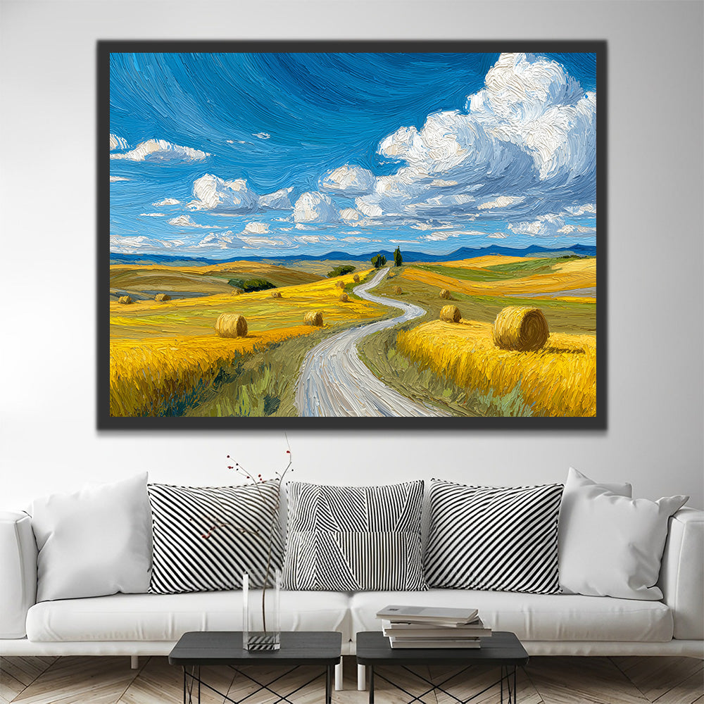 Golden Fields under Blue Sky and White Clouds Paint by Numbers