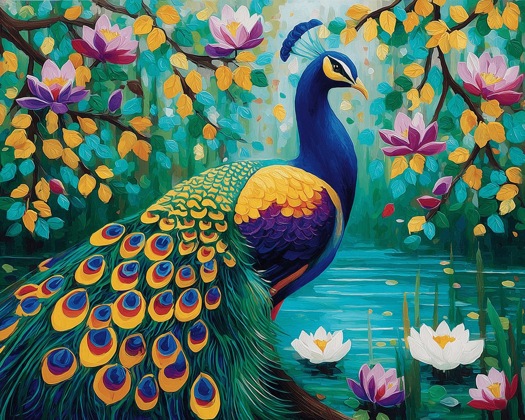 Golden Green Peacock beside Lotus Pond Paint by Numbers