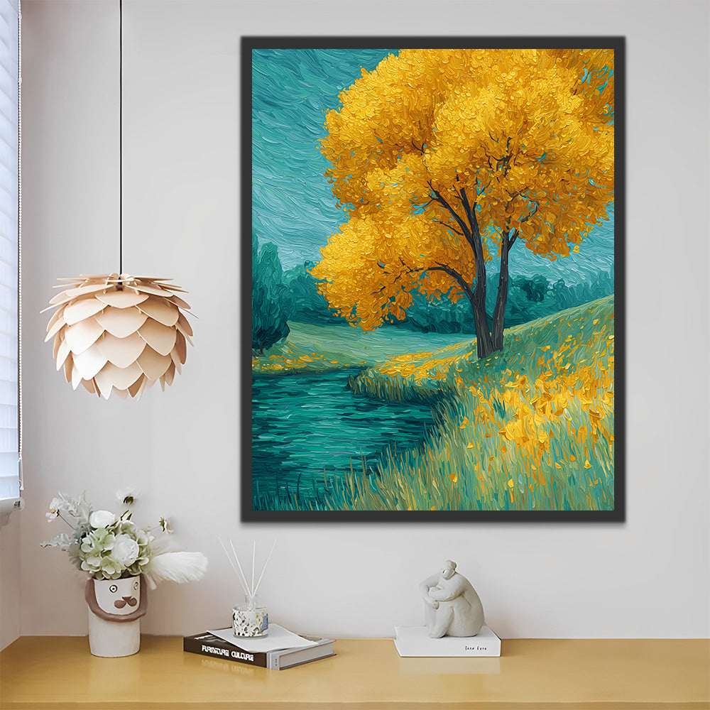 Golden Tree beside Wild River Paint by Numbers