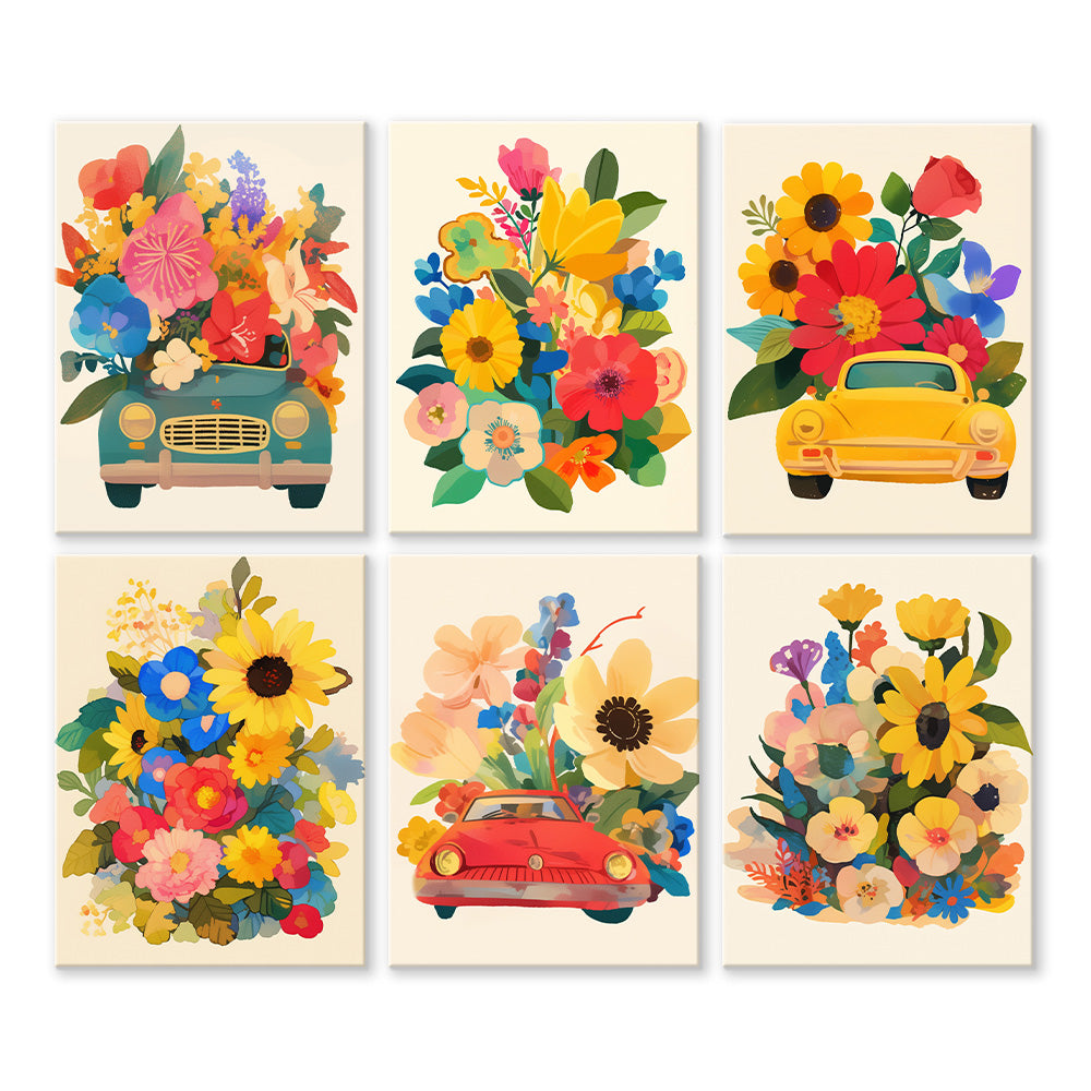 Gorgeous Flowers in Cars 6 Pieces Mini Paint by Numbers