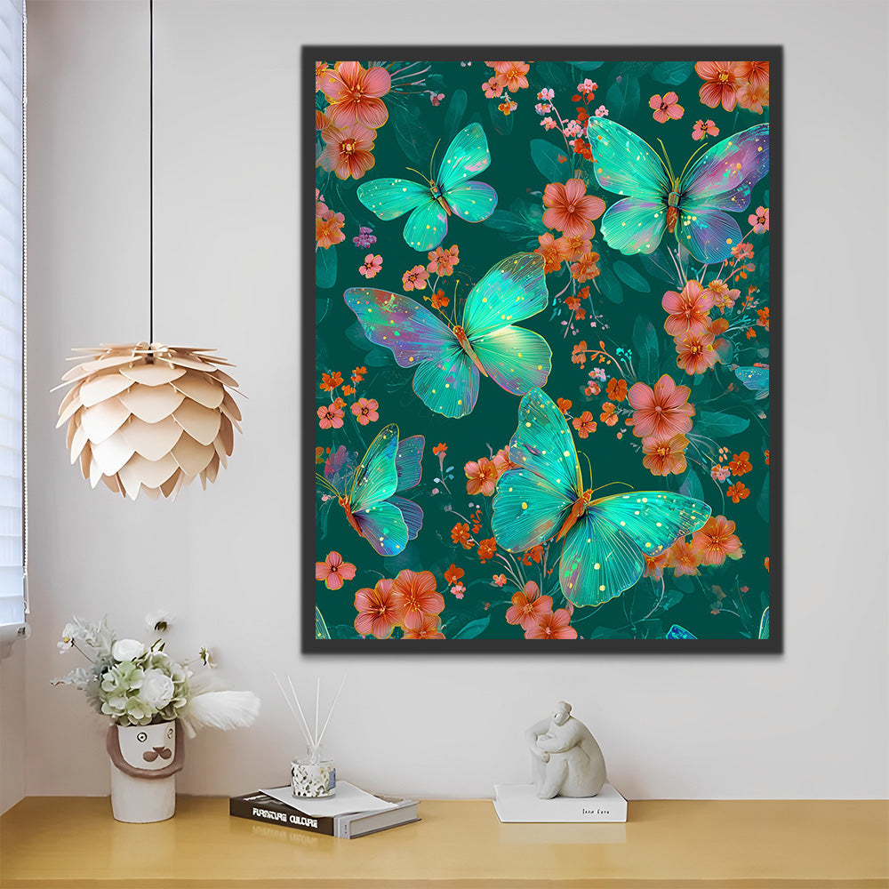 Green Butterflies among Pink Flowers Paint by Numbers