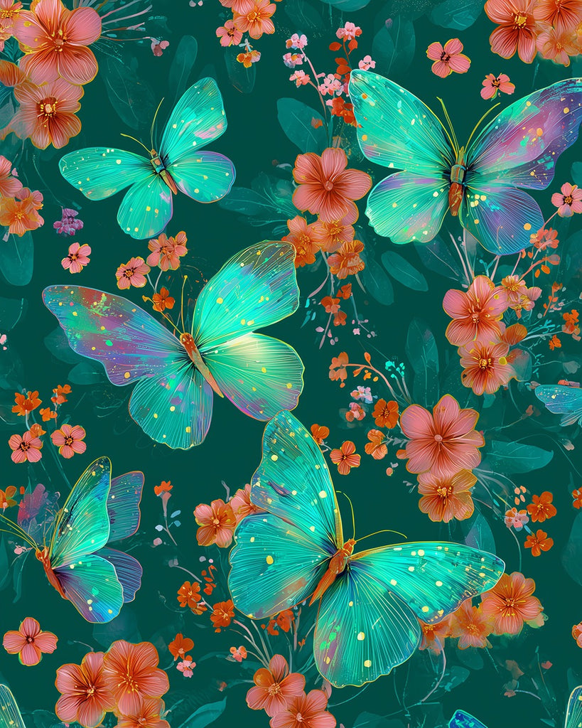 Green Butterflies among Pink Flowers Paint by Numbers